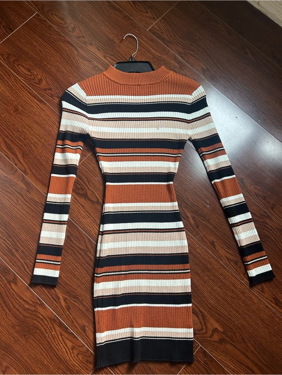 Say What? Dresses & Skirts - Say What? Rust, Black & Cream Striped Rib-Knit Long Sleeve Dress